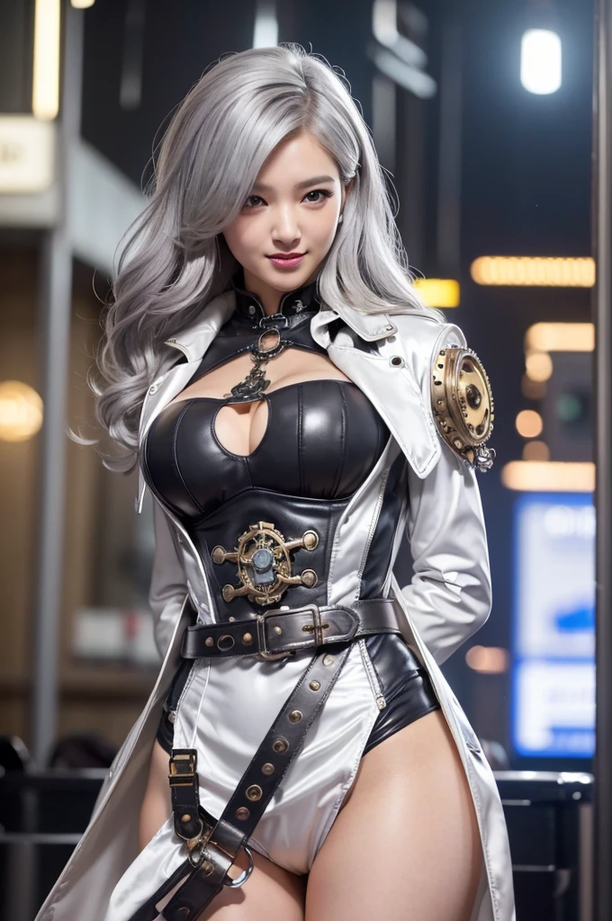 Woman portrait、Highest quality、Rear view、8K,Detailed face, clear, Fine skin、Clear, beautiful eyes、whole body、(Curly Hair)、My hair was messed up by the wind、The beauty of a smile、(Glamorous Muscle、tall),(Hip_superior, Hip superior), gyaru,( Watching the audience),Realistic, High resolution, Soft Light,1 female, alone, Hipアップ, Glowing Skin, (Detailed face), Sexy smile, Perfect Style, Perfect balance,Platinum gold hair,Twin tails,Naughty look,((steampunk maxi dress)), ( Black Mecha, High-tech Mecha,Beautiful Steampunk Cyborg Mature Woman,Steampunk Mecha Cyborg Girl,Silver Steampunk Silver and Black Jacket,silver dress shirt、buttons、epaulettes,beads,elbow gloves,Short jeweled tie、Gemstone Helmet,belt steampunk bodystocking,High leg,fake animal ear),((arms behind back)),(bokeh),(studio lighting)