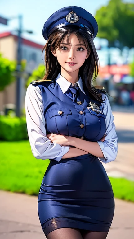 (masterpiece:1.2, Best Quality), (Realistic, photoRealistic:1.4),Beautiful illustrations,(Natural side lighting, Cinema Lighting),1 female,Japanese,Mature Woman,Female police officer on patrol,4,Perfect Face, Symmetrical face, Shiny skin,Random Hairstyles,Big eyes,Sexy Eyes,(smile),(whole body),break((Police uniform)),(Police hat),((A tight mini skirt made from very thin fabric)),(Police Pantyhose),(The background is a street corner:1.5),(((Background Blur:1.5))),((Police uniform)),break(((Front:1.5))),(Model pose),(Beautiful female hands),(Detailed drawing of Pantyhose),(Pantyhose)