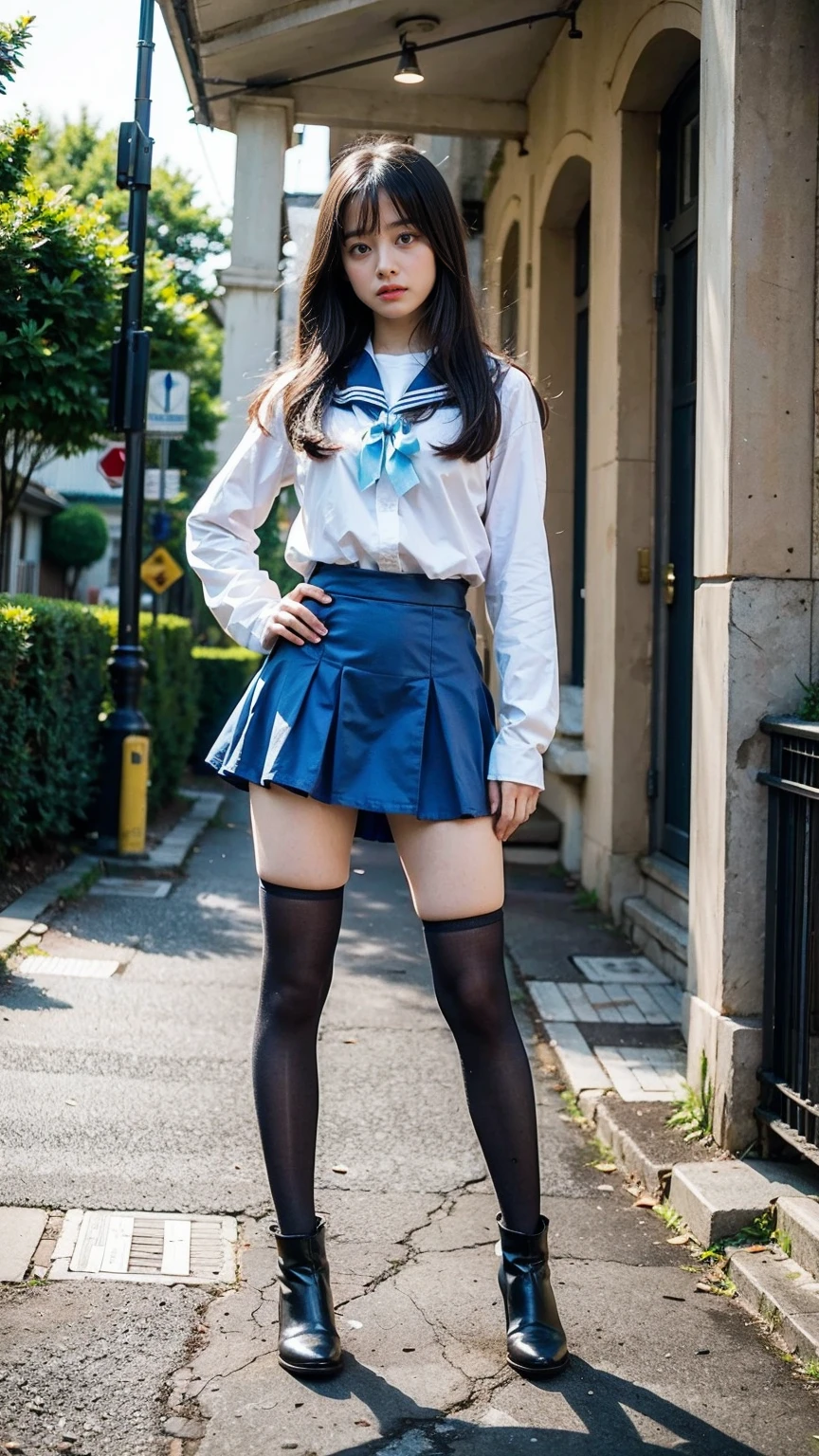 Masterpiece、high resolution、Japanese girl、Walking in the park、Mini skirt dress、Over the knee socks、A dynamic pose