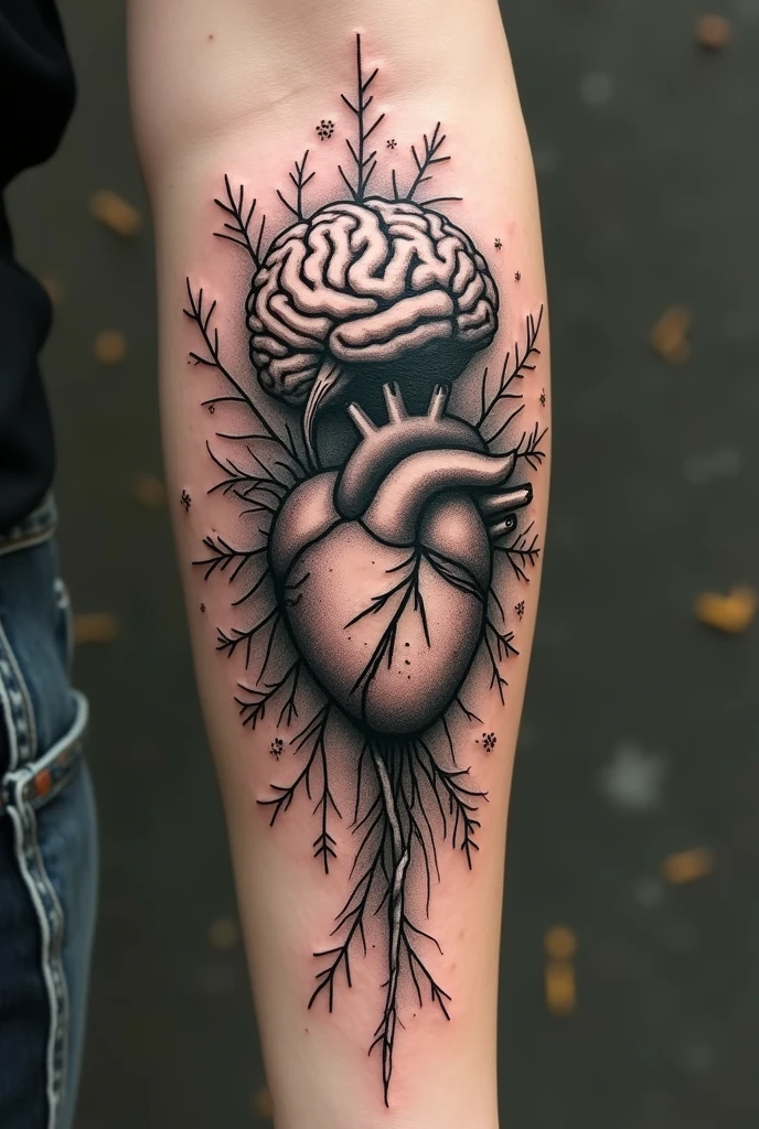 Forearm tattoo that relates intelligence, heart, electricity, pure lines