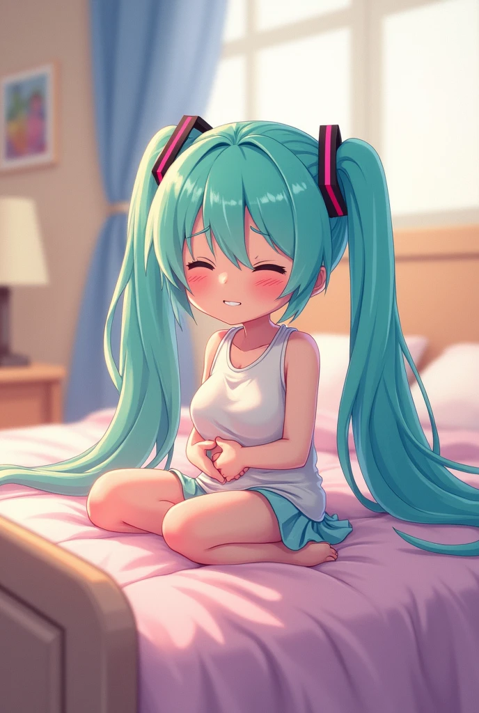 hatsune miku, farting, sitting on bed, angry, cute