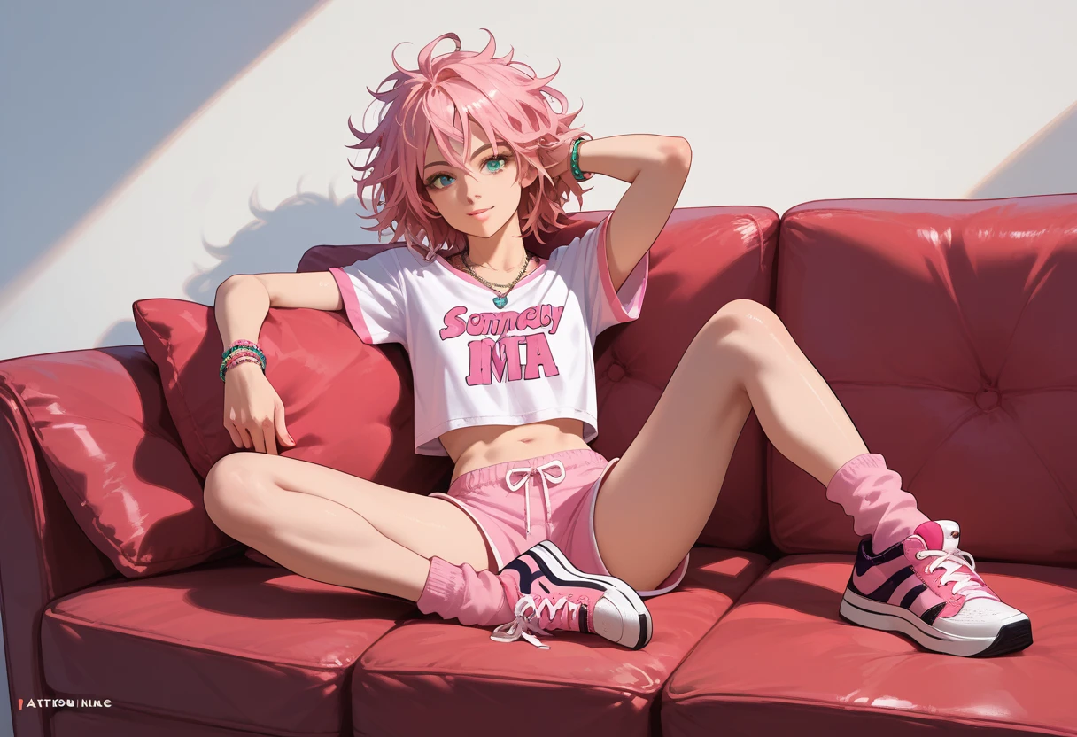 1 girl, wearing pink pajama shorts and cropped t-shirt, (flat chest), sitting on the sofa, spread legs, blond messy hair, necklaces, bracelets pink socks and sneakers