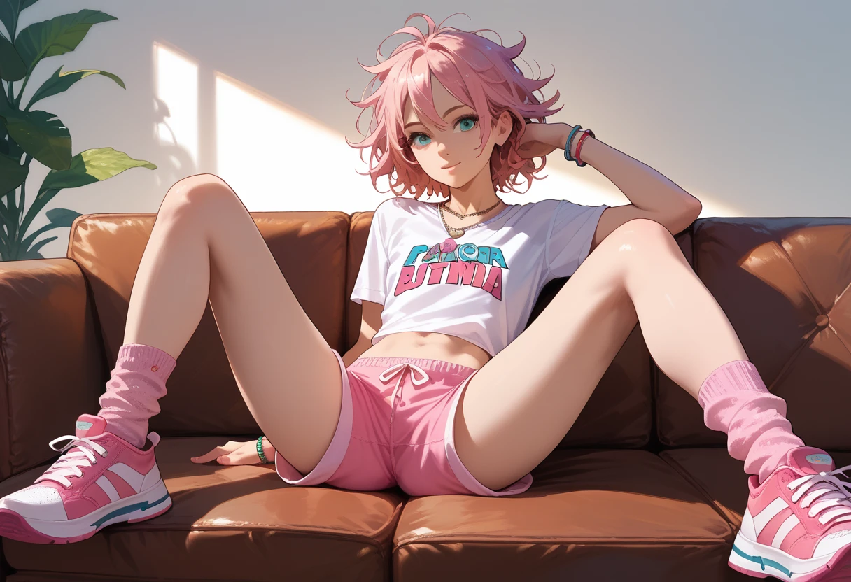 1 girl, wearing pink pajama shorts and cropped t-shirt, (flat chest), sitting on the sofa, spread legs, blond messy hair, necklaces, bracelets pink socks and sneakers