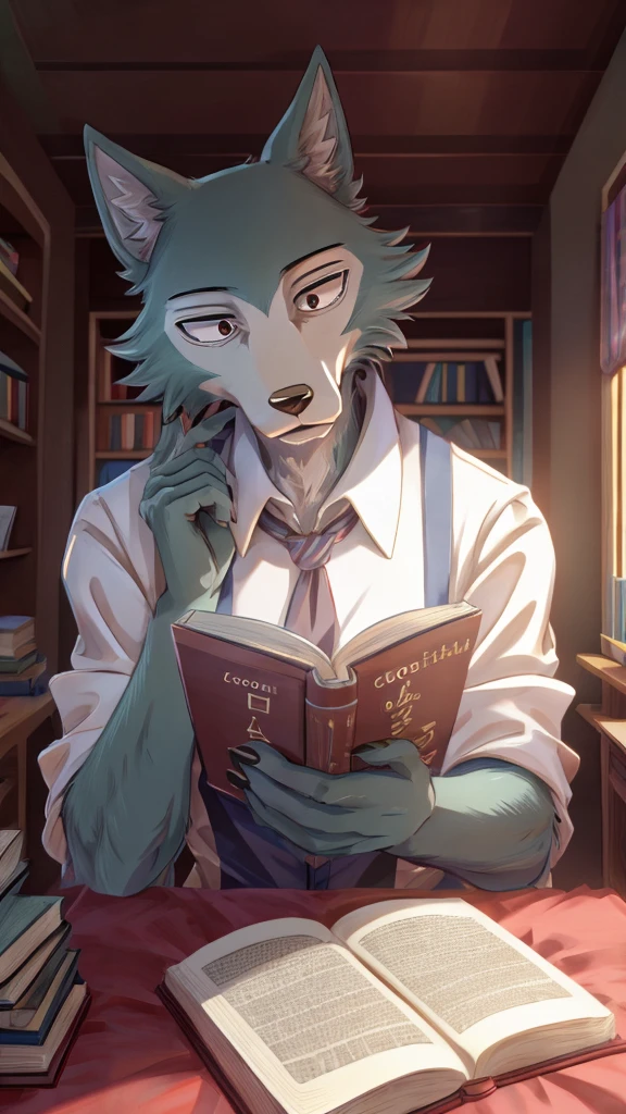 furry wolf, anthropomorphic furry, legoshi, beastars, reading book, full focus, super focus, many books around, bedroom environment, clear light, Anime style, good image quality, FULL HD, soft lighting.
