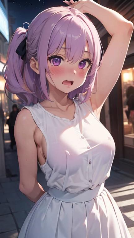 outside，bustling street，A girl wearing a see-through white dress with lace that clearly shows her nipples，Shorthair twin tails，Purple Hair，Wide forehead，No bangs，Open your mouth，dance，Being surrounded by a crowd and attracting attention，Off the shoulder，Tube top