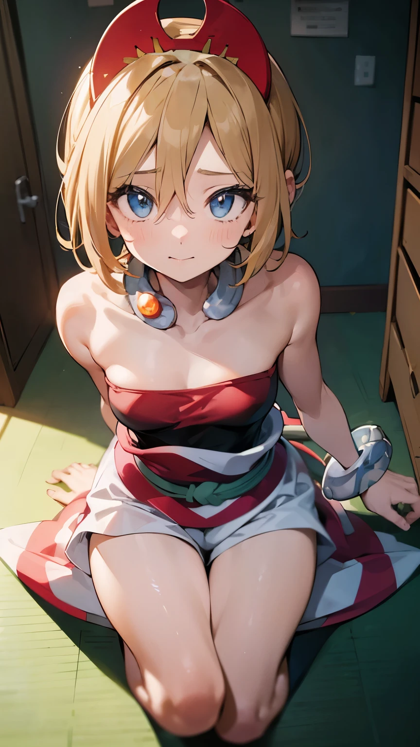 { masterpiece : best quality : high resolution : unity 8k wallpaper : illustration : beautiful detailed eyes : extremely detailed face : perfect lighting : extremely detailed CG : perfect hands : perfect anatomy } {retro_anime_filter} { dirty_messy_room }  { 1girl : irida : cute_face : short_hair : lolicon  : forehead : Perfectly_small_shaped_breast : Perfectly_fit_body  : innocent_smile : exhausted : (red hairband, neck ring, collar, strapless shirt, red shirt, bracelet, sash, waist cape, white shorts, bare legs) } {  }