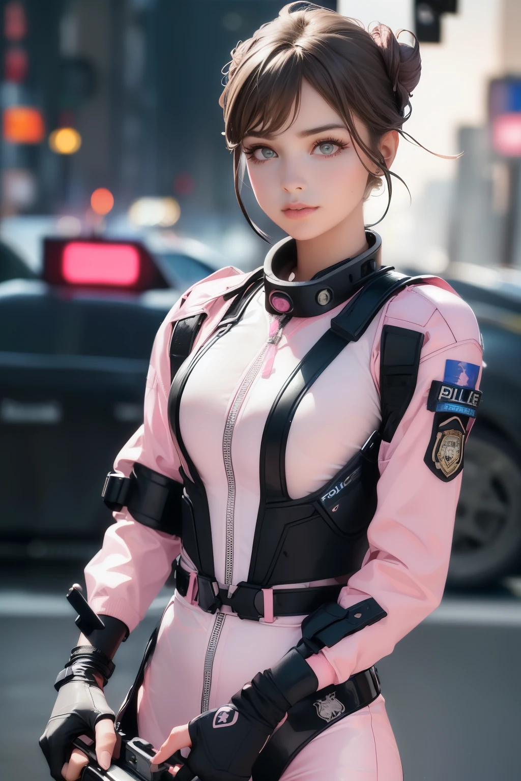 (Top Quality, Ultra High Definition, Photorealistic: 1.4), (close up:1.6, focus on face), 1 Beautiful Girl, (Kpop Idol), Detailed Face, (Pink updo-style:1.3), Contrapposto, Smooth Skin, Perfect Anatomy, Professional Lighting, ((wearing Futuristic Police Racing Suits, police wappen, High-tech Headset, military harness, racing gloves, handgun)), ("POLICE", Cloths color based on silver pink black white), (background, (Audience Coming close), crashed cars, fire, (Explosion)),