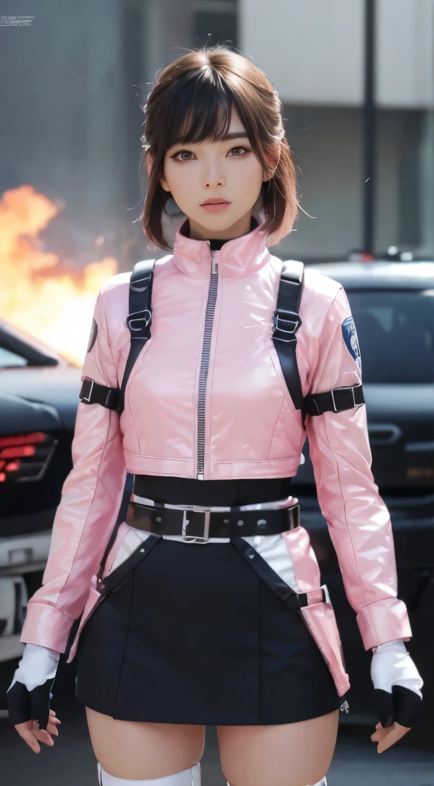 (Top Quality, Ultra High Definition, Photorealistic:1.4), (cowboy shot:1), 1 Beautiful Armed Girl, (Kpop Idol), Detailed Face, (Hair Style: Pink:1, fullbang, shortbob-style:1), Contrapposto, Perfect Anatomy, ((wearing Futuristic Police Racing Suits, low-mini-skirt, police wappen, High-tech Headset, military harness, racing gloves, )), (Cloths colors based on silver pink black white), (background, crashed cars, fire, (Explosion)),