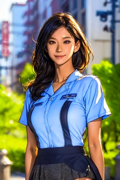 (masterpiece:1.2, Best Quality), (Realistic, photoRealistic:1.4),Beautiful illustrations,(Natural side lighting, Cinema Lighting),1 female,Japanese,Mature Woman,Police officer on patrol,4,Perfect Face, Symmetrical face, Shiny skin,Random Hairstyles,Big eyes,Sexy Eyes,(smile),(whole body),break((Police Officer Shirt)),((Tight mini skirt)),(The background is a street corner:1.5),(((Background Blur:1.5))),((Police uniform)),(From below:1.3)