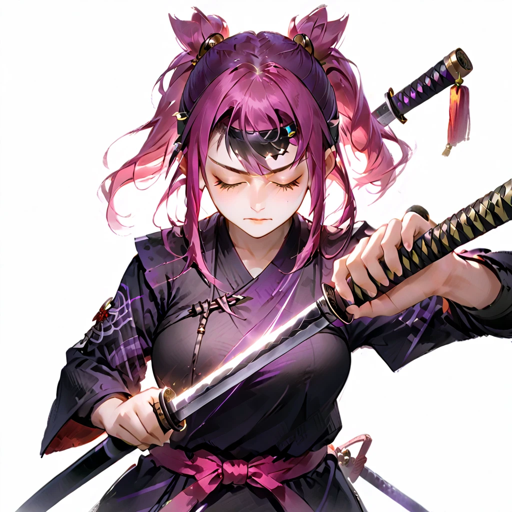 1girl, Solo, Closed Eyes, Purple Ponytail, Breasts, Long Pointy Ears, Closed Mouth, Frown, Blind Girl, Black Samurai Clothes, Simple Background, Hairband, Scar Across Eye, holding a katana, tall girl, pretty face, POV