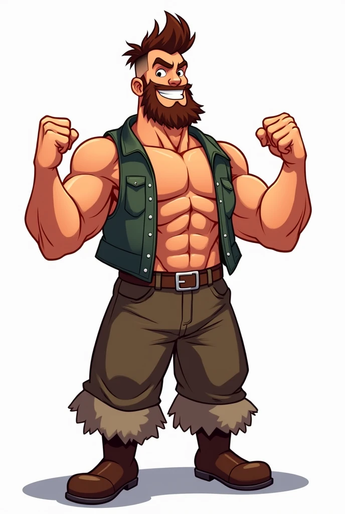 Simgle mature man, (male focus:1.2), muscular, gentle smile, sweet and caring expression (mature man:1.3), (muscular:1.3), orc,0rc, brown skin, (casual:1.4) balance, Straight shot, shirtless, suspenders, one single demon horn on the left side, beard on the chin, messy curled hair