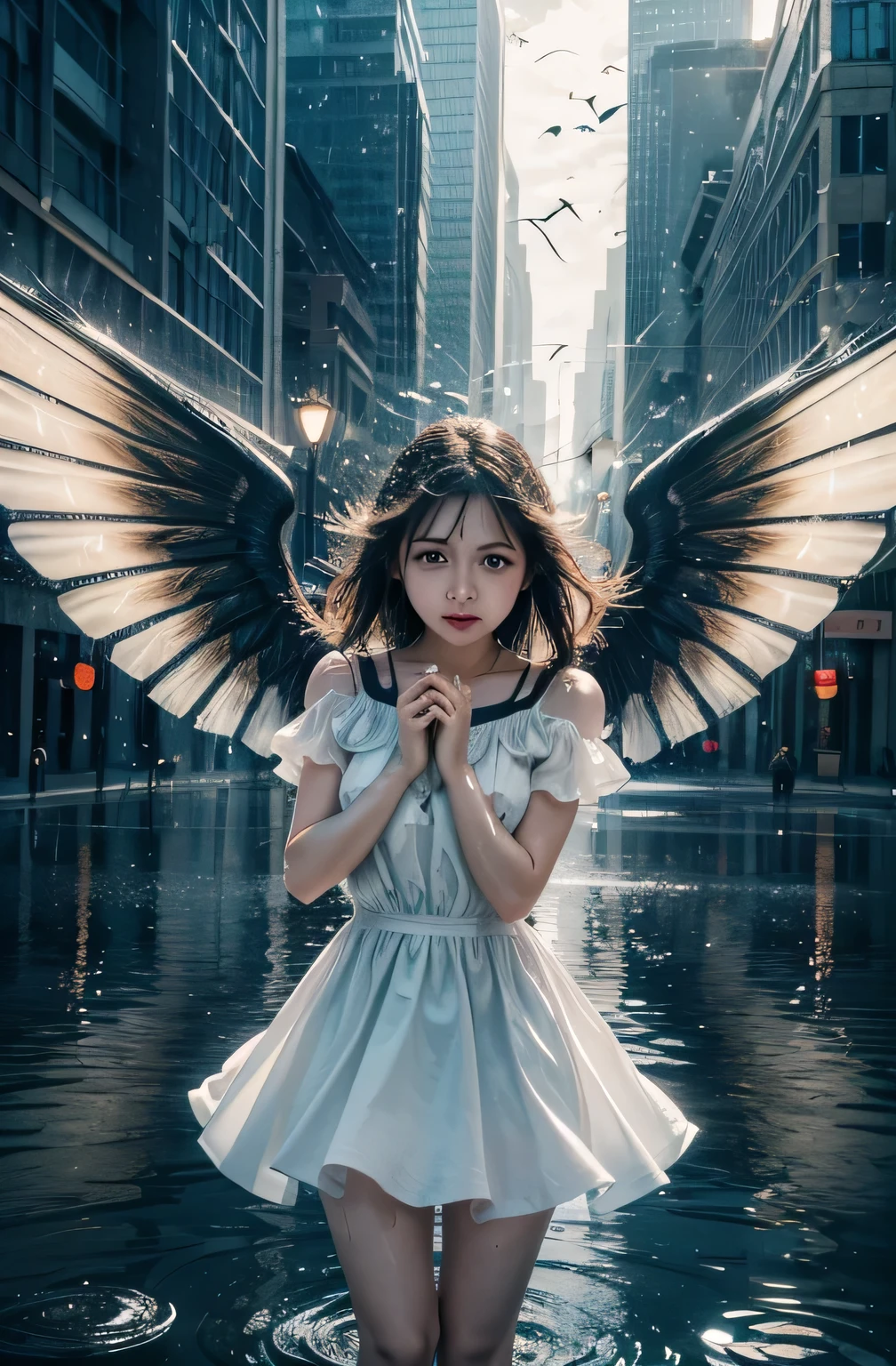 A woman in a white dress standing in a puddle of water - SeaArt AI