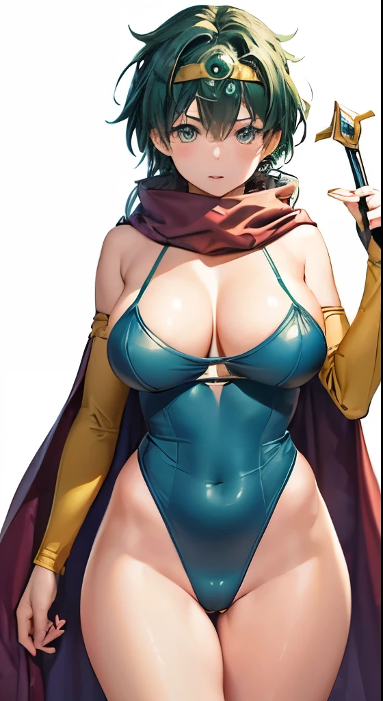 (((nsfw、sound、Highest quality、First Class、masterpiece、Normal body、8k、Detailed face、Ultra-precision、Normal hand、通常のrefer to、５refer to、Highest）））、(masterpiece, Highestの画質, high quality, High resolution)、beautiful girl、Green Hair、Huge Breasts:1.2、chest、Shortcuts、Blue tight leotard、Drop your shoulders、Red Cape、Circlet、Celestial Sword、Dragon Quest、Female Heroes、During combat、Preparing for battle、Lightning Slash、incantation、Gigadein、camel toe:1.5、Torn clothing:1.5