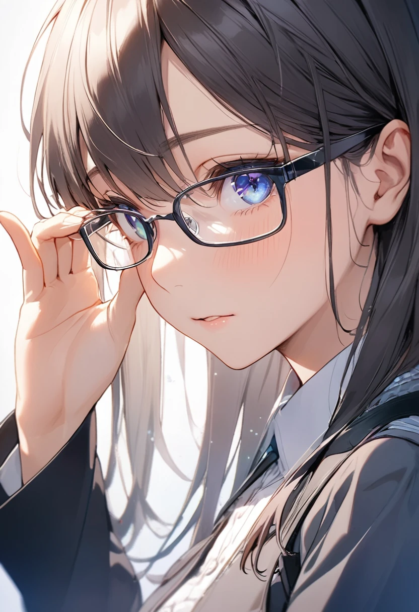 Faithfully recreates the gesture of putting on glasses, A magical moment, 
Break: Turning his face towards the viewer, he looks up, trying to gauge his mood., 
break, Clear and attractive eyes, 
break (dynamic shot from side:1.1, eye level shot), High School Girl's Uniform