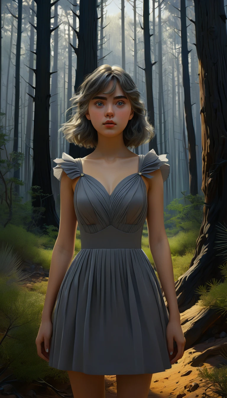 beautiful girl in grey dress stands in dark forest, Epic style, Octane Render, Desert composition, beautiful face, hyperrealistisch, Oil on canvas, award-winning, Masterpiece, Trends on Artstation, by Studio Ghibli