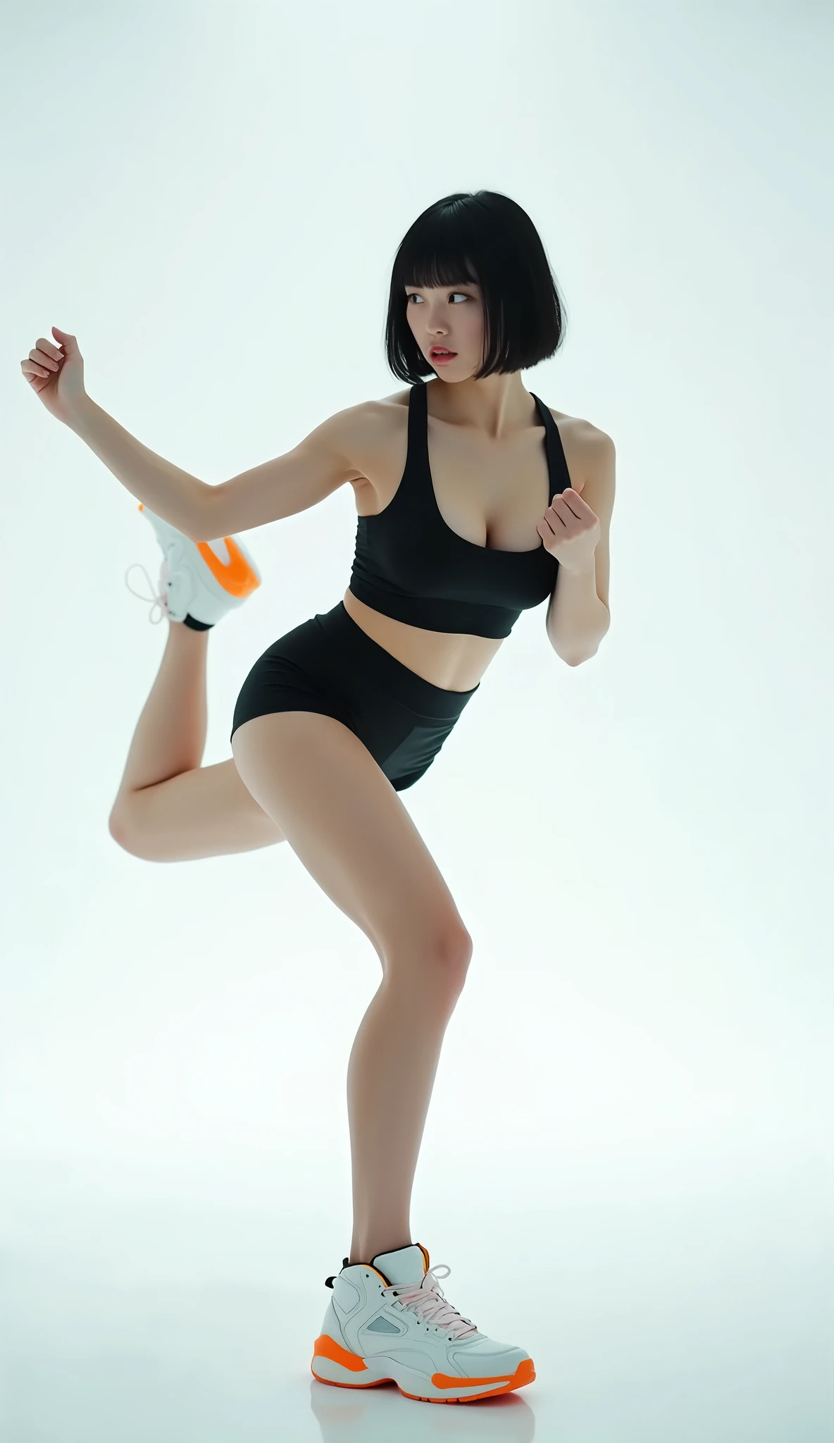 Girl Facing me Tiptoe facing me Legs apart Breasts and buttocks Mini skirt Panties Short top Tight sports light top Tight skirt Barefoot Mucus on feet Bumps Expose buttocks Expose waist Expose breasts Expose areola