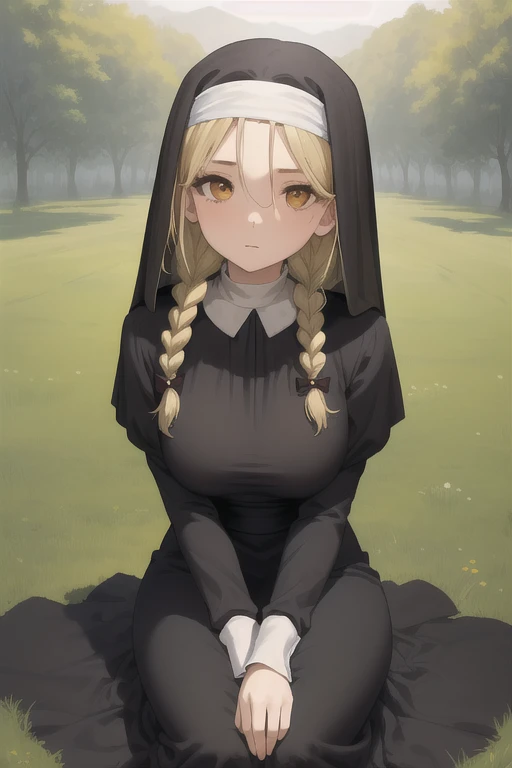 masterpiece, best quality, outdoors, field, grass, forest,
1girl, solo, looking at viewer, sitting, breasts, blonde hair, orange eyes, twin braids, large breasts, long sleeves, hair between eyes, eyes visible through hair, nun, habit, nun, habit, dress, black dress, long dress, catholic, hands on own knees,  
