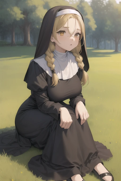 masterpiece, best quality, outdoors, field, grass, forest,
1girl, solo, looking at viewer, sitting, breasts, blonde hair, orange eyes, twin braids, large breasts, long sleeves, hair between eyes, eyes visible through hair, nun, habit, nun, habit, dress, black dress, long dress, catholic, hands on own knees,  
