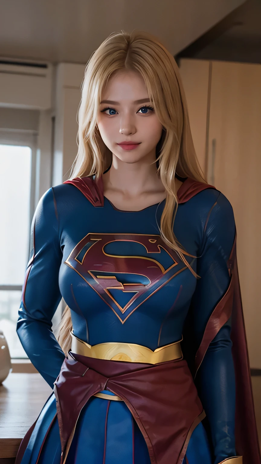 8k, real picture, intricate details, ultra-detailed,(photorealistic),
Supergirl, long blonde hair, midair, flying hairband, \(white\) crop top, short sleeves, cape, blue pencil skirt, gloves, boots BREAK
detailed (wrinkles, folds!, viens, skin imperfections:0.1),
finely detailed beautiful eyes, close-up, small eyes, look at viewer,