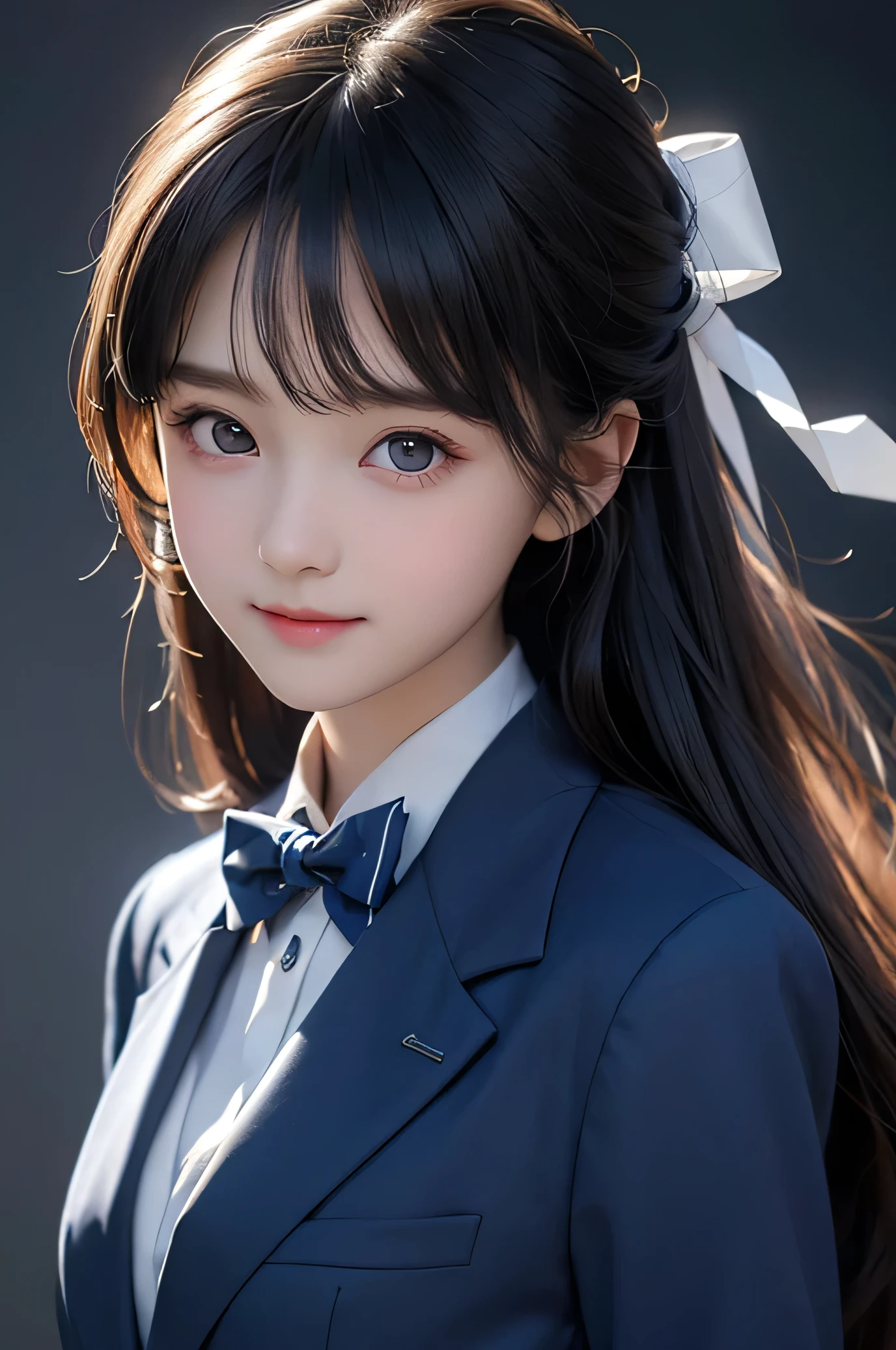 (Very beautiful  cute girl), (very  cute face:1.2),9 yo, (baby face),(sparking crystal clear attractive large eyes:1.2), Beautiful detailed eyes, Detailed double eyelids, (smiling), (realistic photograph:1.1), long straight hair,dark blue blazer high-school uniform,professional close-up portrait ,blue ribbon bow tie ,long see-through bangs