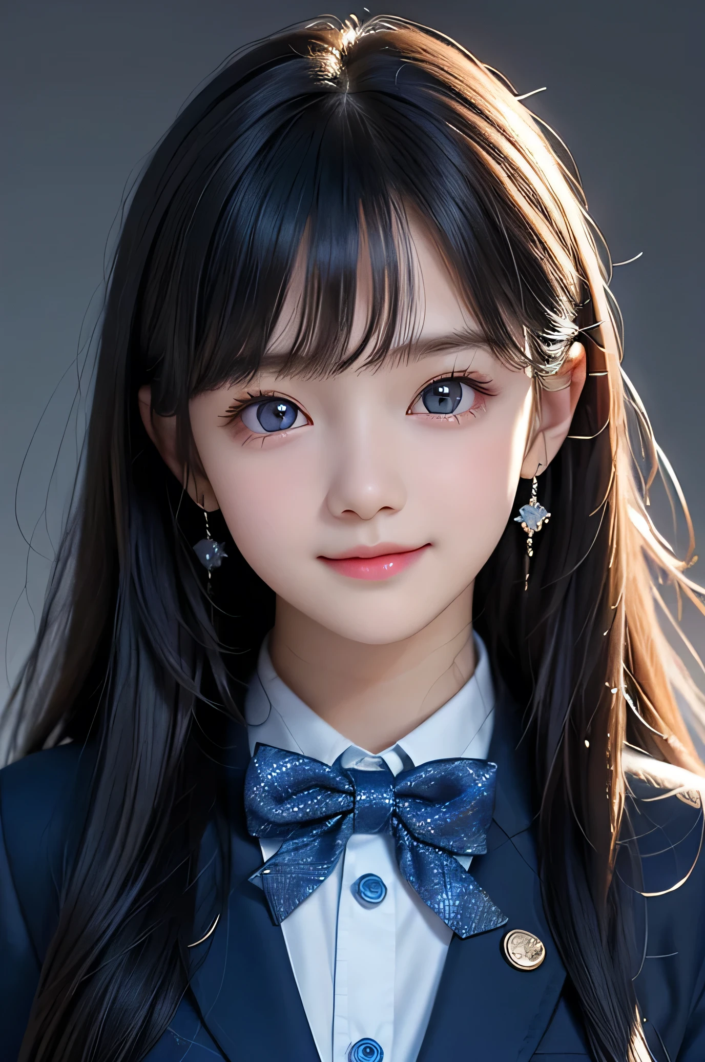 (Very beautiful  cute girl), (very  cute face:1.2),9 yo, (baby face),(sparking crystal clear attractive large eyes:1.2), Beautiful detailed eyes, Detailed double eyelids, (smiling), (realistic photograph:1.1), long straight hair,dark blue blazer high-school uniform,professional close-up portrait ,blue ribbon bow tie ,long see-through bangs