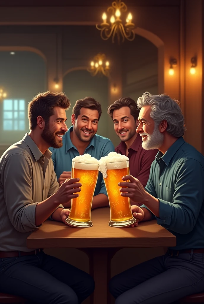 three men between 30 and 40 years old, drinking beer in an Alentejo tavern
