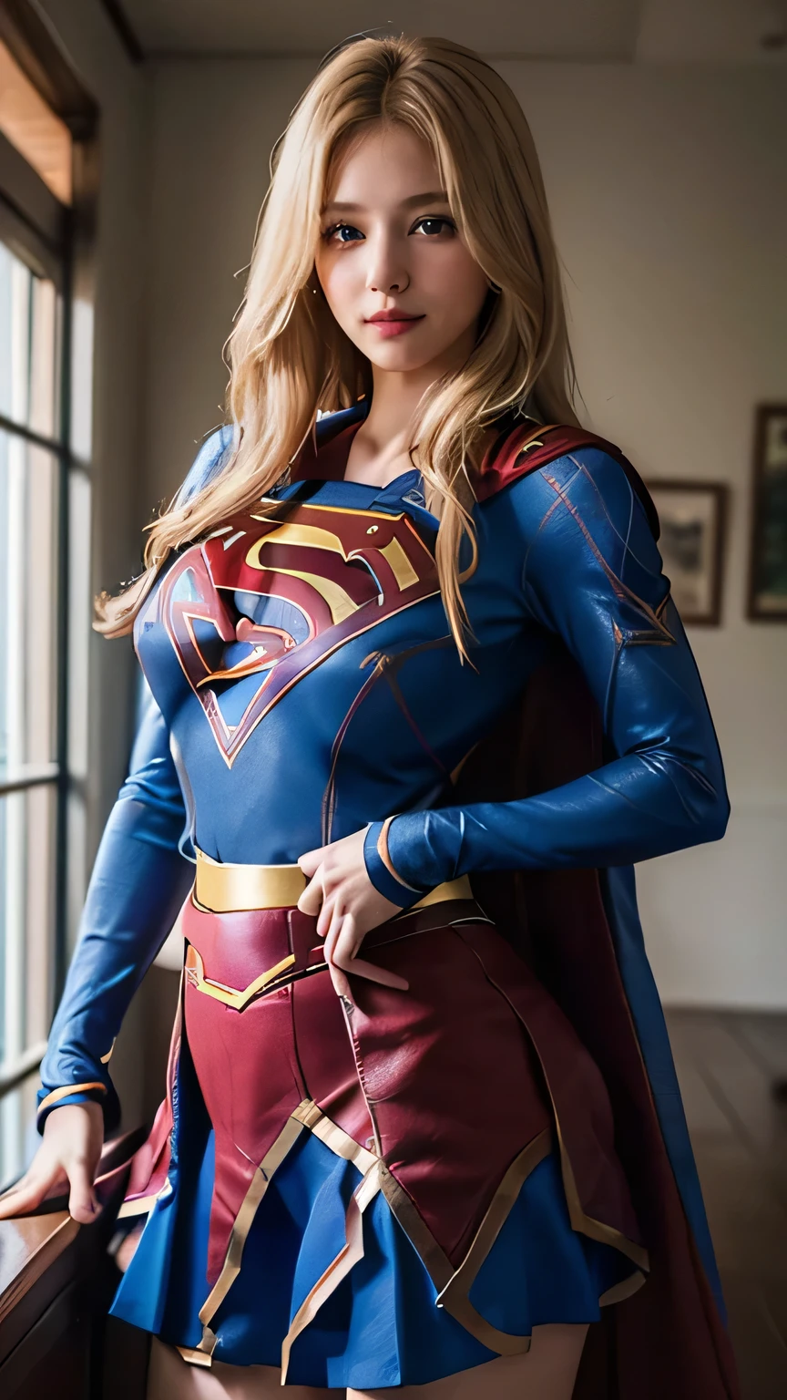A 35 year old blonde woman in a supergirl costume, prefect body, red miniskirt, boots, dark blonde hair, light brown hair