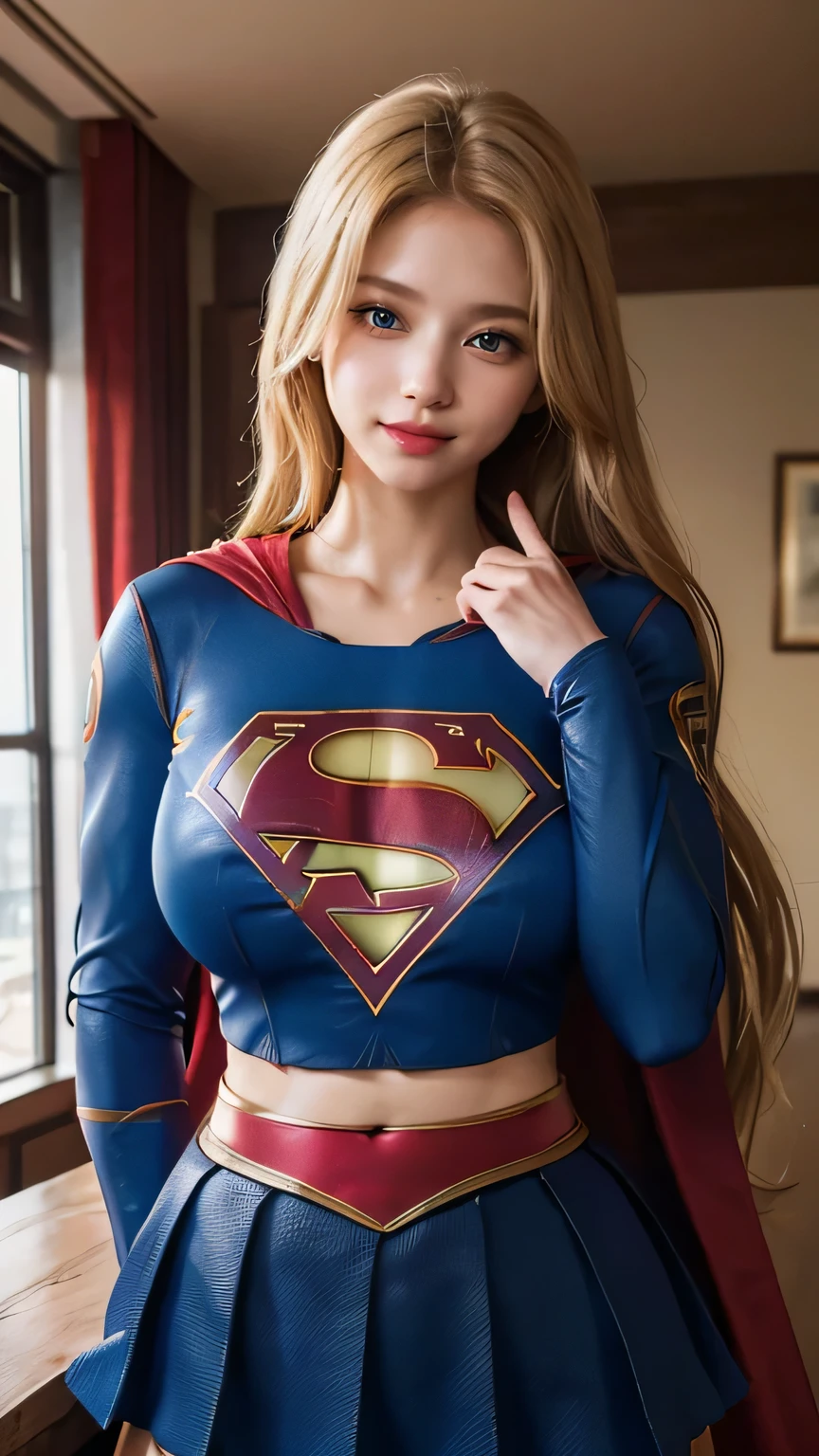 (Best quality, masterpiece, absurd)),1girl:1.3, solo:1.3,Beautiful woman,blue expressive eyes, beautiful woman,long blonde hair, 21 years, solo, 1girl,hourglass body,huge breasts, defined body, wearing superman cosplay((Supergirl cosplay bodysuit, skirt (waist up to half of thigh)supergirl, supergir short red cape)), bright colors