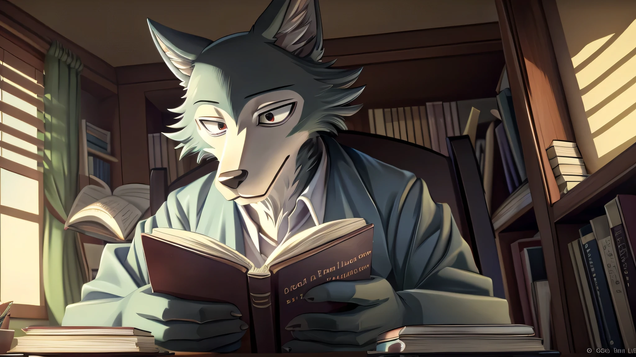 furry wolf, anthropomorphic furry, legoshi, beastars, reading book, reading a lot of books, full focus, super focus on reading, many books around, side viewing angle, bedroom environment, clear light, Anime style, good image quality, FULL HD.
