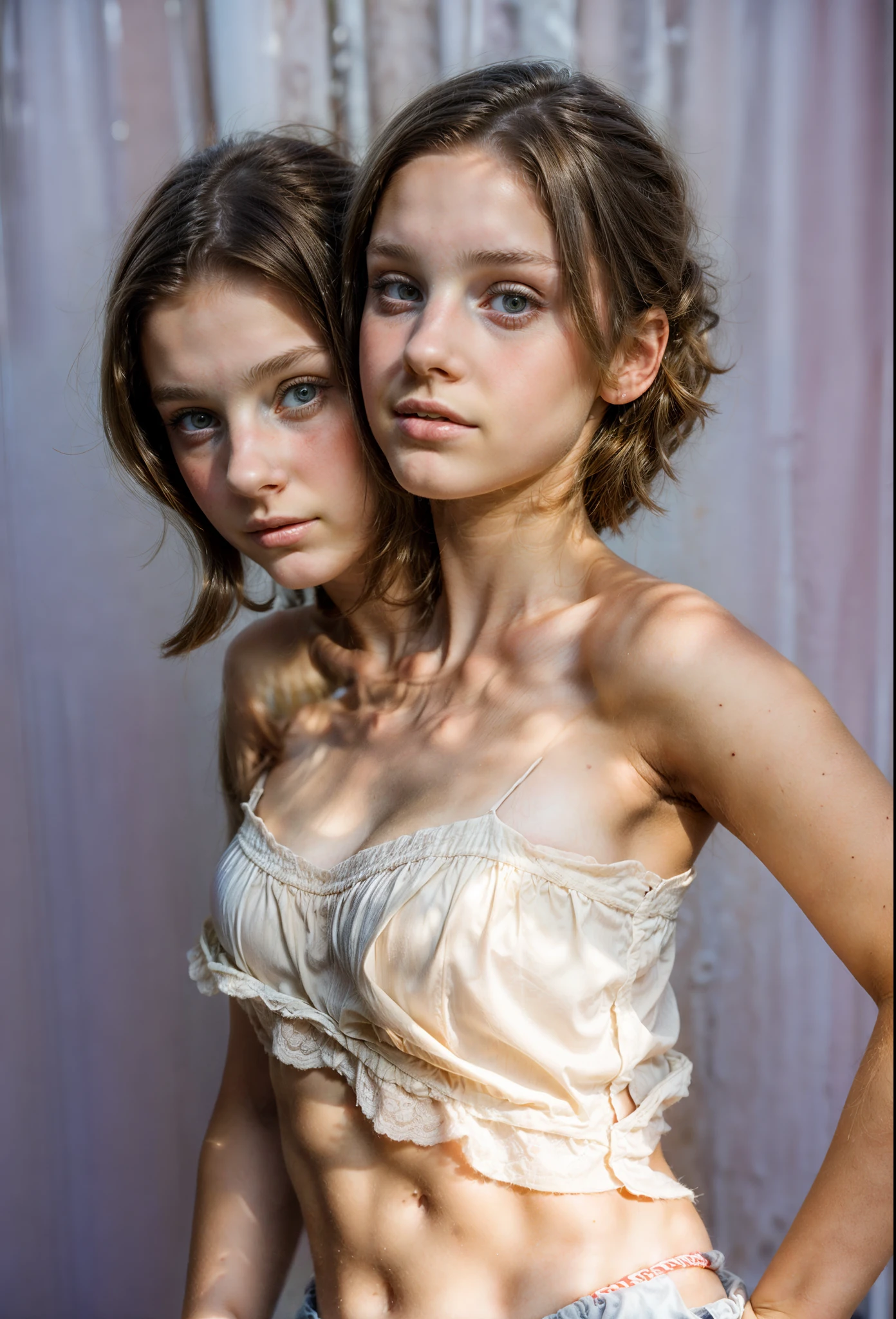 two very thin young nude teenager who looks anorexic gazing sadly into the camera lens. The scene show the entire body of the teenager. Moaning face. the girl's body is similar to that of a pubescent.