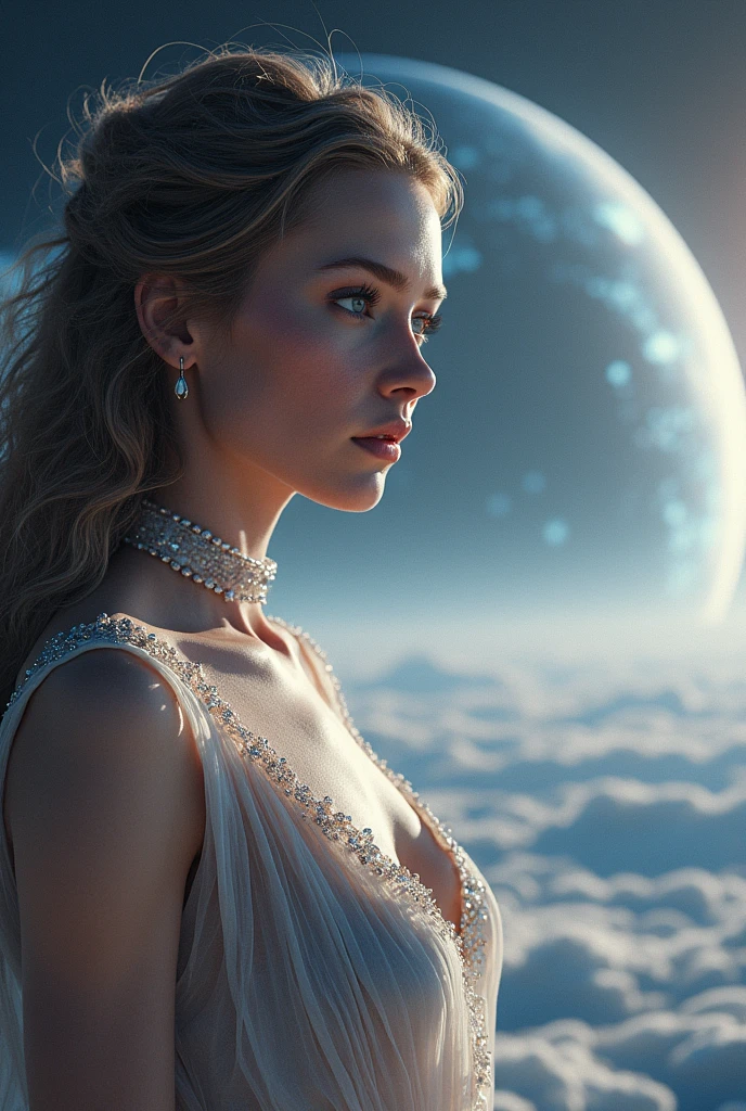 1girl, gorgeous, freckles, blonde, blue eyes, (wearing linen see through dress:1.2), outer space, dry rocks environment, Interstellar, Surrealism, Dreamy dim daylight, glass shards, space fragmentation, re ghotion, minimalism, emptiness, spaciousness, faint accent lights, film grain, horror photography, misty and foggy atmosphere, neon, glow, (wide hips:1.4)