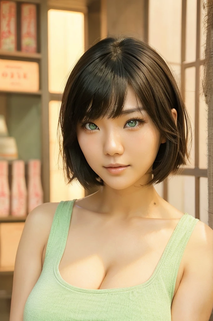 sexy japanese girl, model, 30 years old, public, on street, summer clothing, sexy perfect face, perfect eyes, green eyes, symetric eyes, girlfriend, happy face, short hair, bangs hairstyle, no squint,
