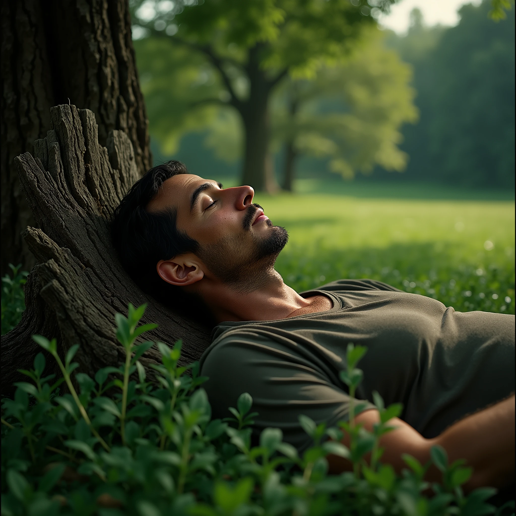 (solo, full body photo:1.3), Muscular man lying down under a tree with his hands on his stomach