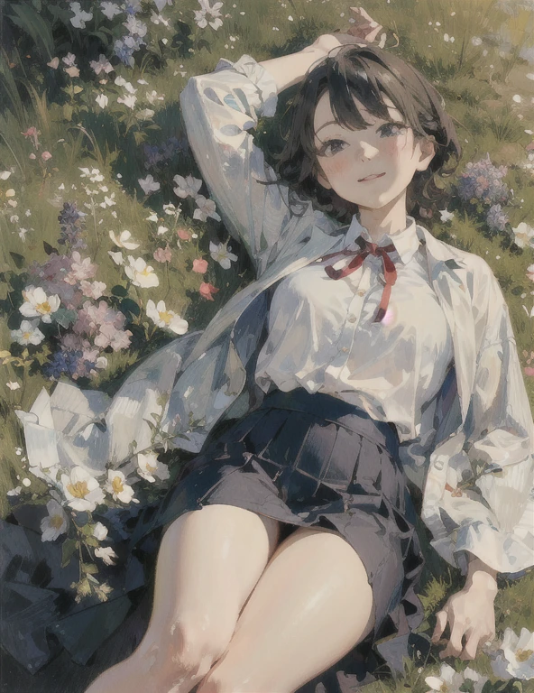 (masterpiece:1.6, best quality), (finely detailed beautiful eyes: 1.2), ph_katou, katouhdlong, short hair, brown hair, brown eyes, shirt, bangs, solo focus, 1girl, white shirt, smile, jacket, cardigan, closed mouth, skirt, blush, collared shirt, letterboxed, pink jacket, long sleeves, dress shirt, open clothes, anime coloring, brown footwear, arms up, lying, lying on grass, grass, (full body),
<lora:Katou_Megumi_FB_32:1>