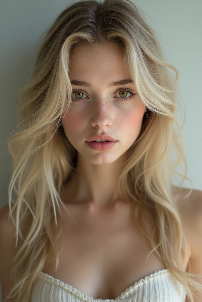 23 year old young woman, green eyes, extremely beautiful, long hair, shot on Kodak gold 400. pastel colors. hyperrealistic, 8k, best quality, masterpiece, pink highlights on hair, blonde, young look, slight smile