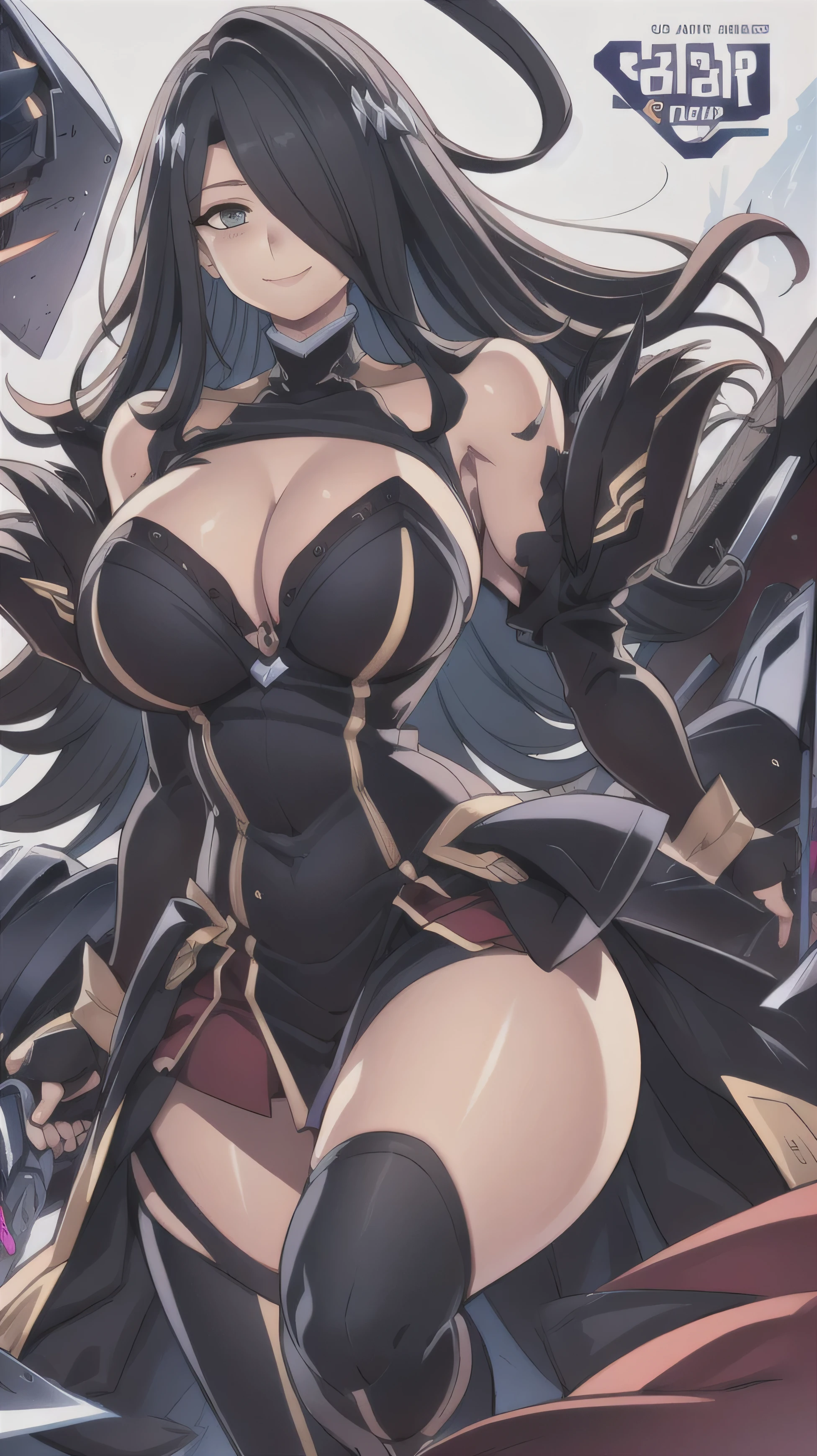 masterpiece,best quality,kim_kwang_hyun, 1woman, friedrich der grosse \(azur lane\), long pit black hair, hair over one eye, plump, solo, pit black hair, Long hair, hair over one eye, large huge breasts, looking at viewer, Violet colored eyes, Sharp eyes,  pit black hair, big boson, large huge breasts, long sleeves, dress, cleavage, closed mouth, weapon ((long-blade)), puffy sleeves, arm up, clothing cutout, copyright name, blue dress, cleavage cutout, juliet sleeves , power armor, shoulder armor, pit black hair, Violet colored eyes, coy Smile 