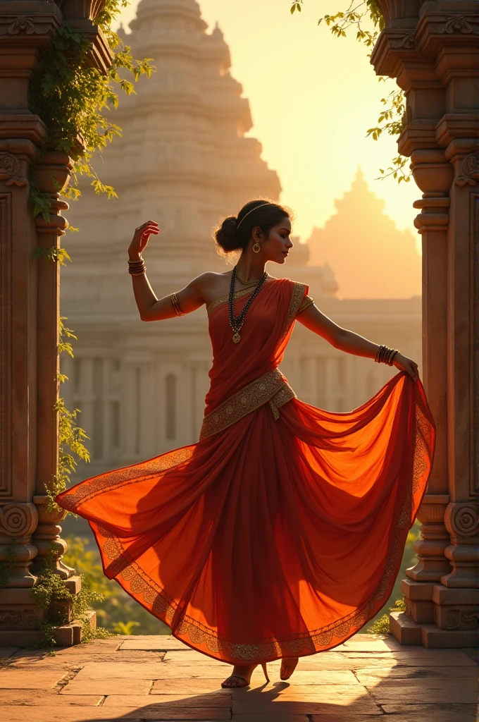 (photorealism:1.2), beautiful woman, dancing in hindi music, tall, wearing red sari , in the music of dhol, warm colours , open ground , green area ,