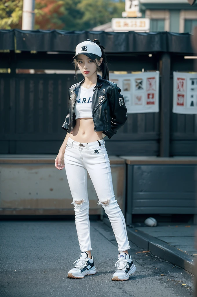 (((best quality))),(((ultra detailed))),(((masterpiece))),illustration,((1 beautiful girl,solo)),((slim,thin)),((small breasts,flat chest)),fashionable,(short ponytail:1.2),(white baseball cap:1.3),(black leather jacket:1.3),(navel:1.2),(tight jeans:1.3),(white sneakers:1.2),(slender legs:1.2),(standing:1.3),(arms behind back:1.3),waiting,contemplative gaze, serene dusk atmosphere, school gate, modern architecture, overcast sky,(surrounded by crowded crowds:1.5),solitary trees, warm ambiance, adolescent innocence, campus life,(early autumn:1.3),((from front,full body))