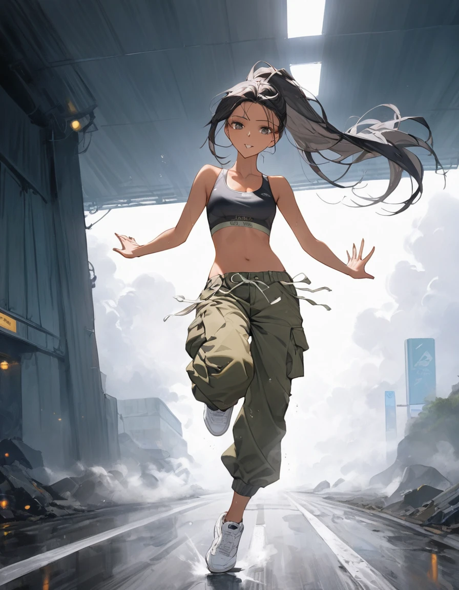 (SuperQuality:1.0), (SuperQuality:1.2), tall, slender woman, (168cm height:1.2), (black hair:1.2), long straight hair, high ponytail, (sharp V-shaped jawline:1.2), BREAK dance, Artistic jumps, break dance, Strenuous movements, Dynamism, Cyberpunk, Blade Runner atmosphere, Steam is coming out of the exhaust port on the road surface, The road surface is wet, solo, Fluttering hair, (Cargo pants with line, Sports bra, white sneaker), (delicate detailed fingers, Detailed body, detailed arms, Human Hands), (Detailed face), Professional lighting, Gray Light Lighting, Low angle from below, Blowing steam into the landscape, Fog in the landscape, Foggy, (ultra high quality), (16k ultra high resolution), highly detailed skin, smooth skin, premium resolution, artistic composition, balanced contrast, soft shadows, smooth lighting, (premium details)