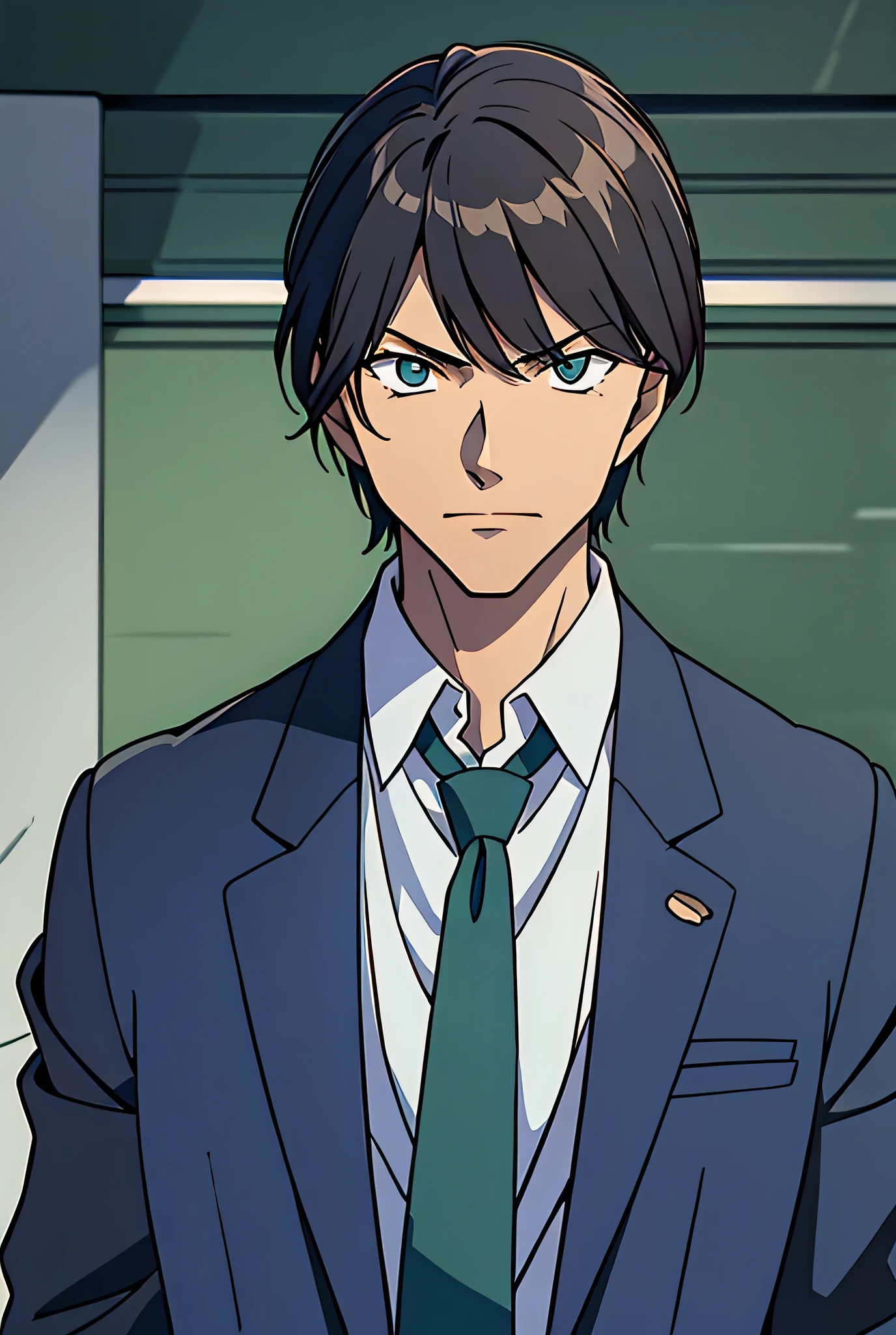 Yagami light, solo, dark blue suit, green necktie, dark blue slack,