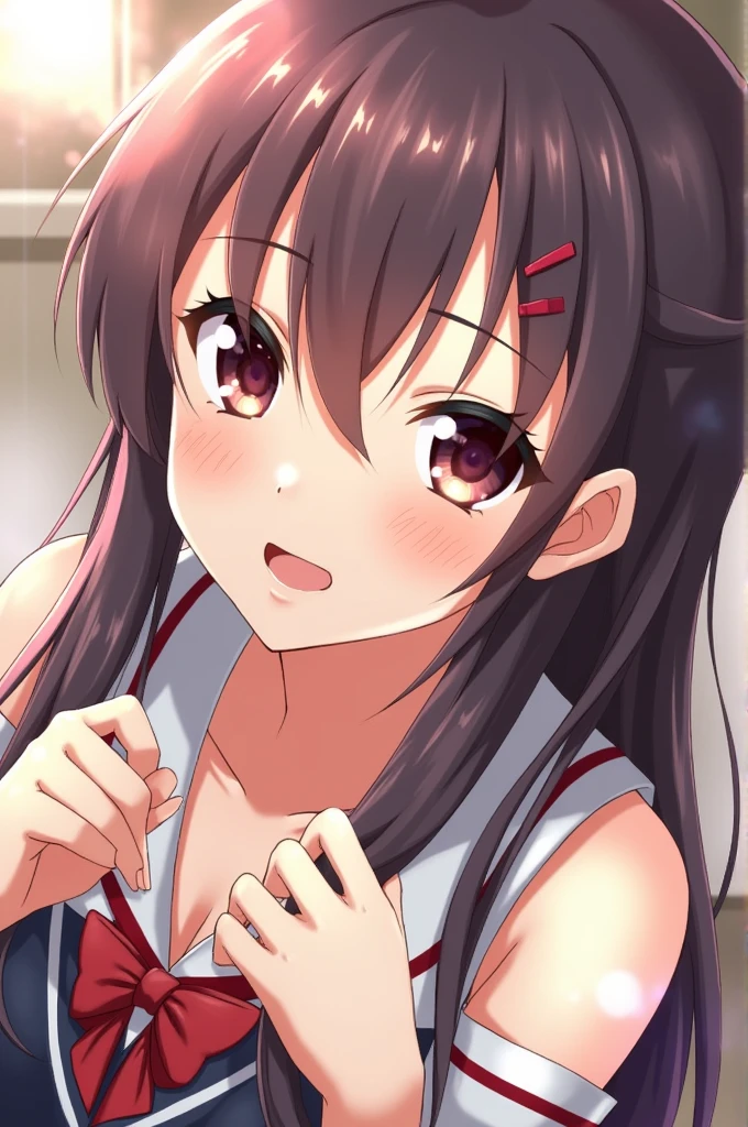 MORIZONOMEI, BLACK HAIR, HAIR FLOWER, HAIRCLIP, BLUNT BANGS, LOW TWINTAILS, HAIR OVER SHOULDER, LONG HAIR, PINK EYES,high resolution、anime、alone, clear,School、classroom、high school girl、school uniform、White, fine-grained skin,Small Mouth, Beautiful Japanese Woman, , clearな下着、Smaller breasts、Beautiful breasts、Beautiful nipples、Beautiful breasts 、Pleasant face、Face、sexual behavior、sex、On all fours、dorsal position、doggystyle、Insertion from behind、virgin、Breaking the hymen、、Creampie、
