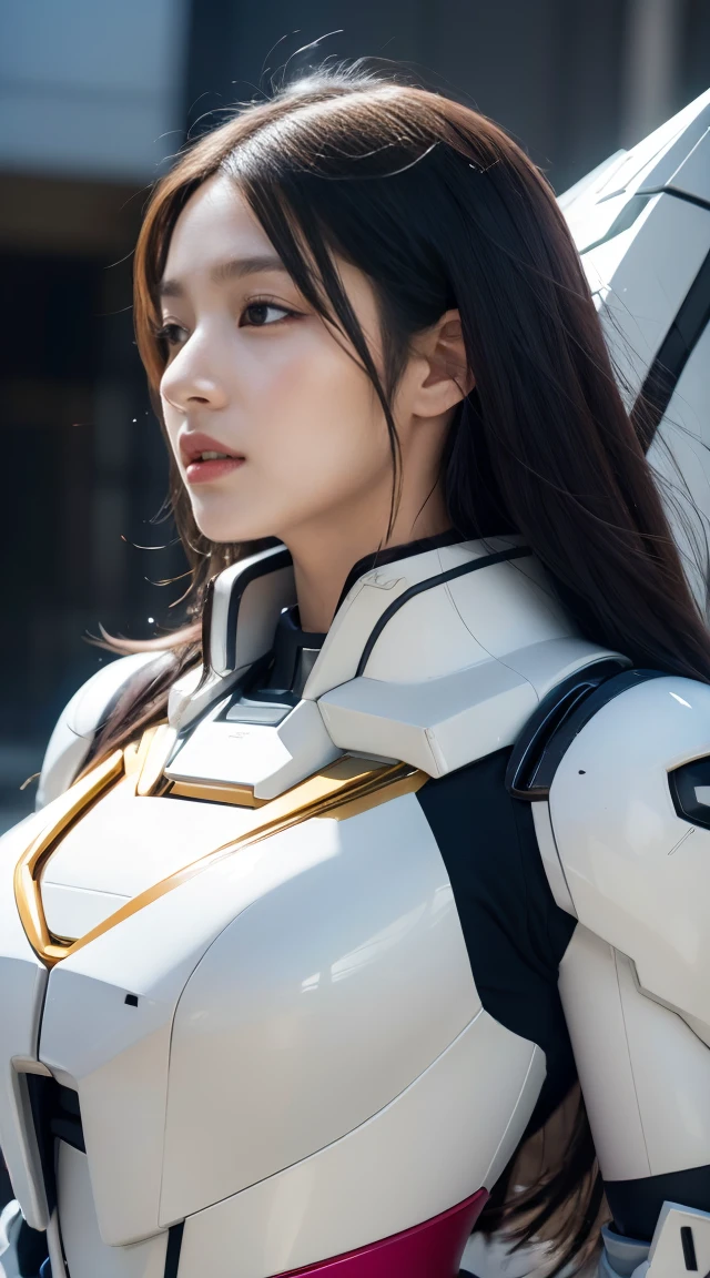 Wide-angle shot, 1 female, Mecha, Shining black eyes, Very cute face, (Realistic:1.37), バイオMechaニカル, Spaceship interior bokeh background, Ultra-realistic, Very detailed, Very intricate details, Beautiful woman in focus
