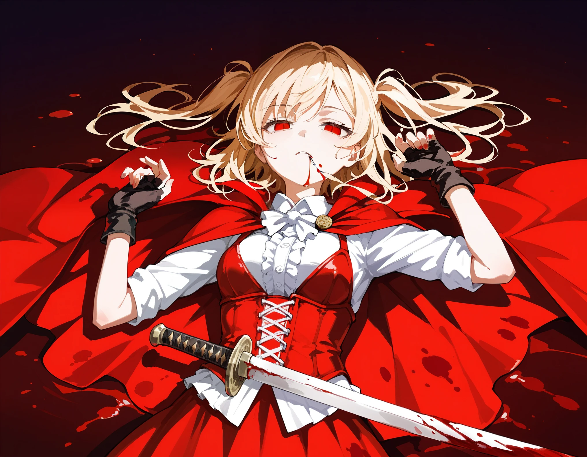 1girl, solo, on back, white shirts, red long cape cloak, red corset, frills red skirt, black fingerless gloves, blonde, two side up, red eye,
Anime Girls, dutch angle, acrobatic pose, cowboy shot, Gloomy painting style，
heavy bleeding, blood in hair, blood on clothes, blood from mouth, pool of blood, no pupils, half closed eyes, a fallen sword,
Score_9,Score_8,score_7_up,source_anime, rating_questionable,