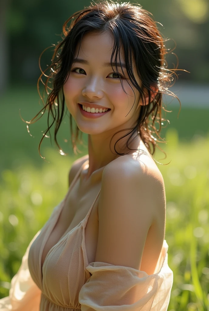 upper body shot,(((((Nude))))),((((nipples)))),(((sagging breasts))),Ultra-high resolution,big eyes,Japanese,(forehead),(a girl),(1 girl),((17 years old)),((cute)),pretty,((facing at viewer)),arms behind back,(grin),(eyes closed)