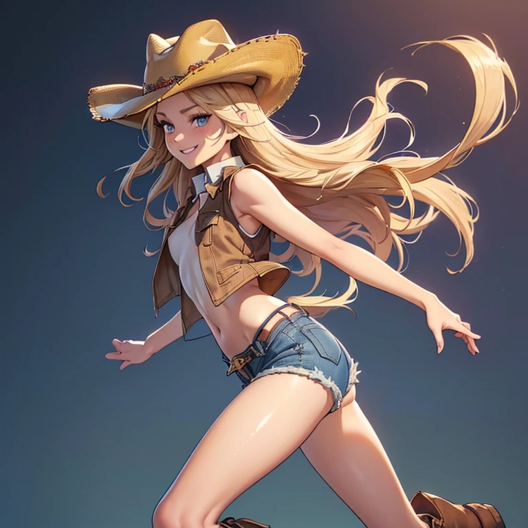 (((top-quality, masterpiece))), (( lot of details), (((depcit very young girl surrounded by ropes))), (((elegant cowgirl))), sexy, blond hair, long hair, straight hair, (((bandage))), (((bound with ropes))), (((arms behind back))), cowboy hat, (wearing leather cowboy clothes), leather revolvers belt, open legs, spread legs, brown eyes, thin , ((small breasts)), ((topless)), nice hips, open shoulders, sassy, (Masterpiece, Excellent, complex details), delicate girl, delicate face, pretty, sunny desert, a western atmosphere, sunset