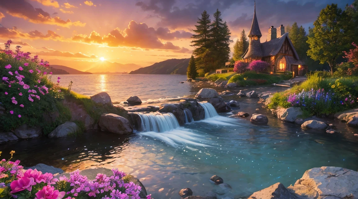 Fantasy art, Dream Cottage, Water flow, Colorful flowers, Pebble, Bush, Sunset.
Best Quality, masterpiece, High resolution, Very detailed, Sharp focus, Cinema Lighting, Vibrant colors,