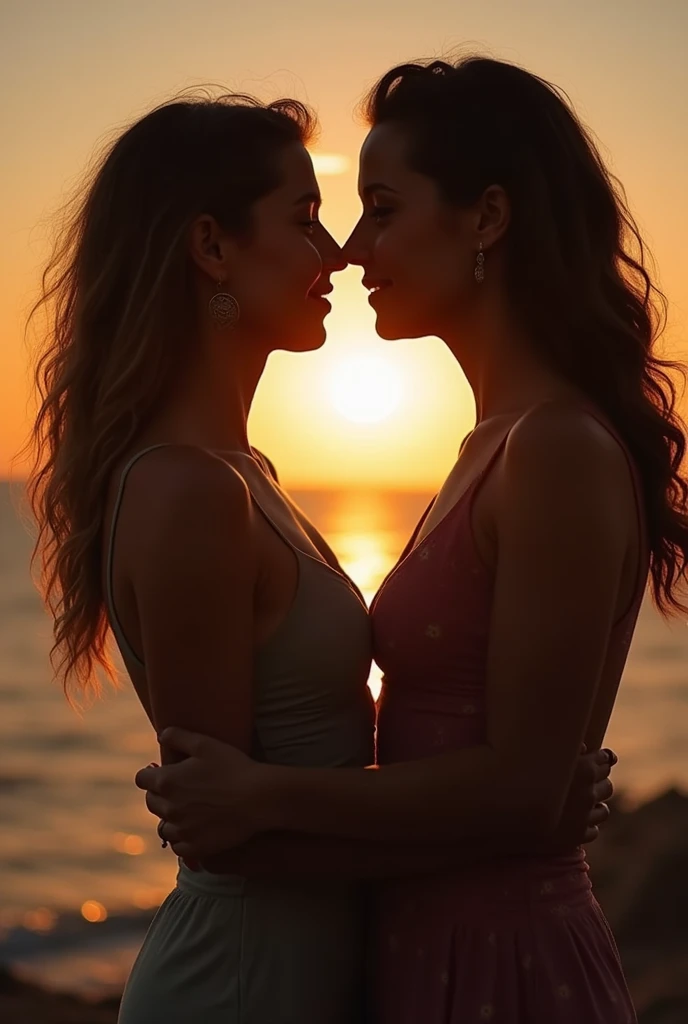 best quality, high quality, ultra quality, 8k, masterpiece, detailed, extremely detailed, insanely detailed, ultra detailed, ultra highres ,exquisite,
lifelike Images,cinematic experience,UHD picture,Realistic,photorealistic,hyperrealistic,vivid,RAW photo,shot by DSLR,Two women kissing in a town with a sea view