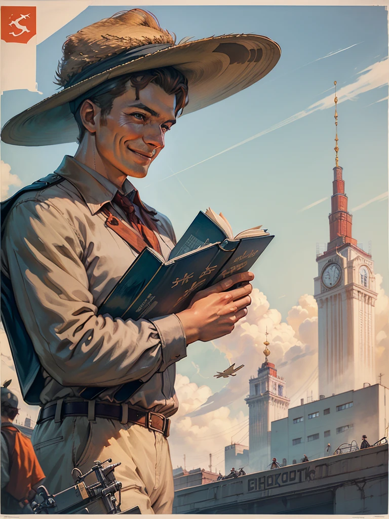 (Best quality:1.2), Man holding up a book，No Russian letters，Wide Angle镜头，Smile, Profile,Dynamic Angle， Soviet Union, poster,  8k，masterpiece，Technology，modernization，Future Cities，，Overhead shots，Wide Angle