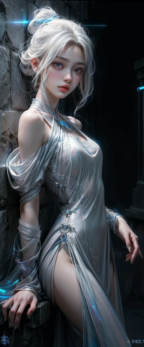 RAW, masterpiece, ultra thin photo, best quality, ultra high resolution, photorealistic, sunlight, full body portrait, incredibly beautiful, dynamic poses, delicate face, vibrant eyes, (side view), she is using a long medieval dress, (silvery dress:1.5), multicolored eye, (blue hair:1.5), medieval city background, highly detailed abandoned, detailed face, detailed and complex busy background, gorgeous, milky white, Highly detailed skin, realistic skin details, visible pores, sharp focus, volumetric mist, moonlight night, 8k UHD, DSLR camera, high quality, film grain, fair skin, photorealism, lomography, expanding metropolis in medieval dystopia, view from below, translucent
