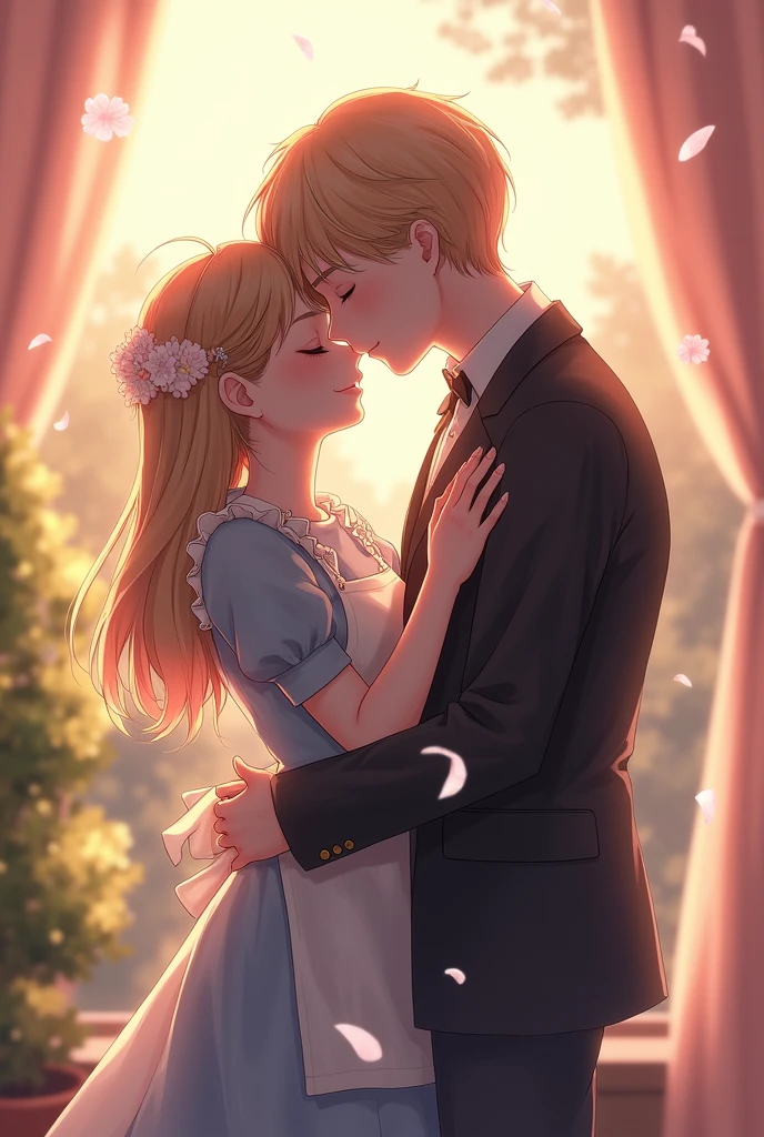 The painting shows a girl in a white dress standing in a flower field hugging a gentleman